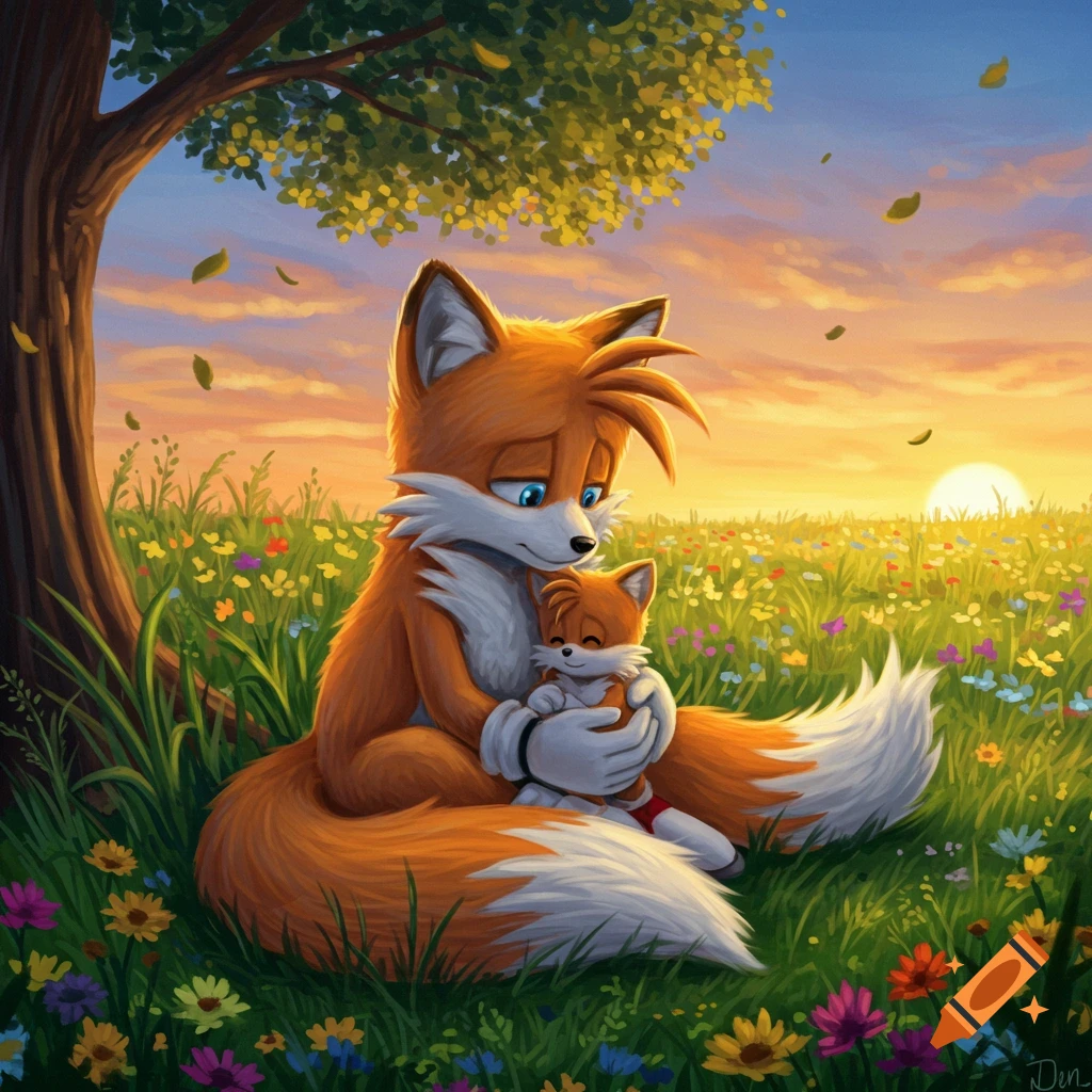 Tails the fox hugging a baby version of himself in a field of wildflowers at sunset under a tree, in a bright, colorful illustration.