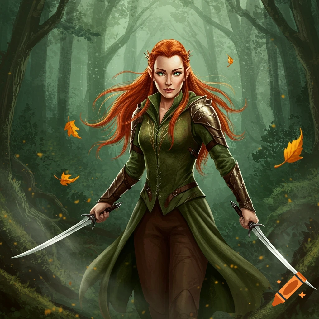 An elven woman with red hair and green eyes, dressed in green and brown armor, holds two daggers in a mystical forest.