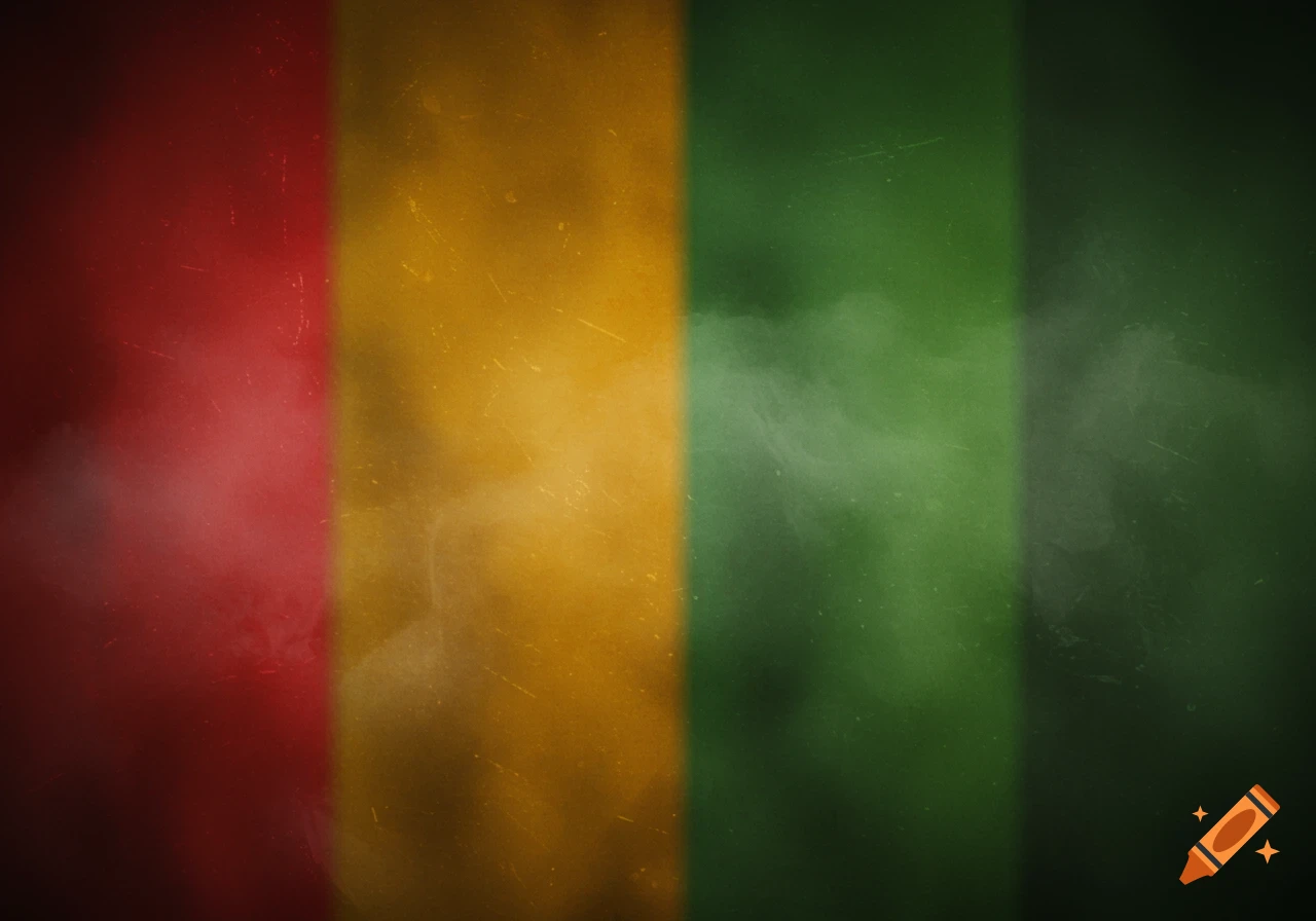 A distressed background with vertical stripes of red, mustard yellow, and dark green, featuring a smoky texture.
