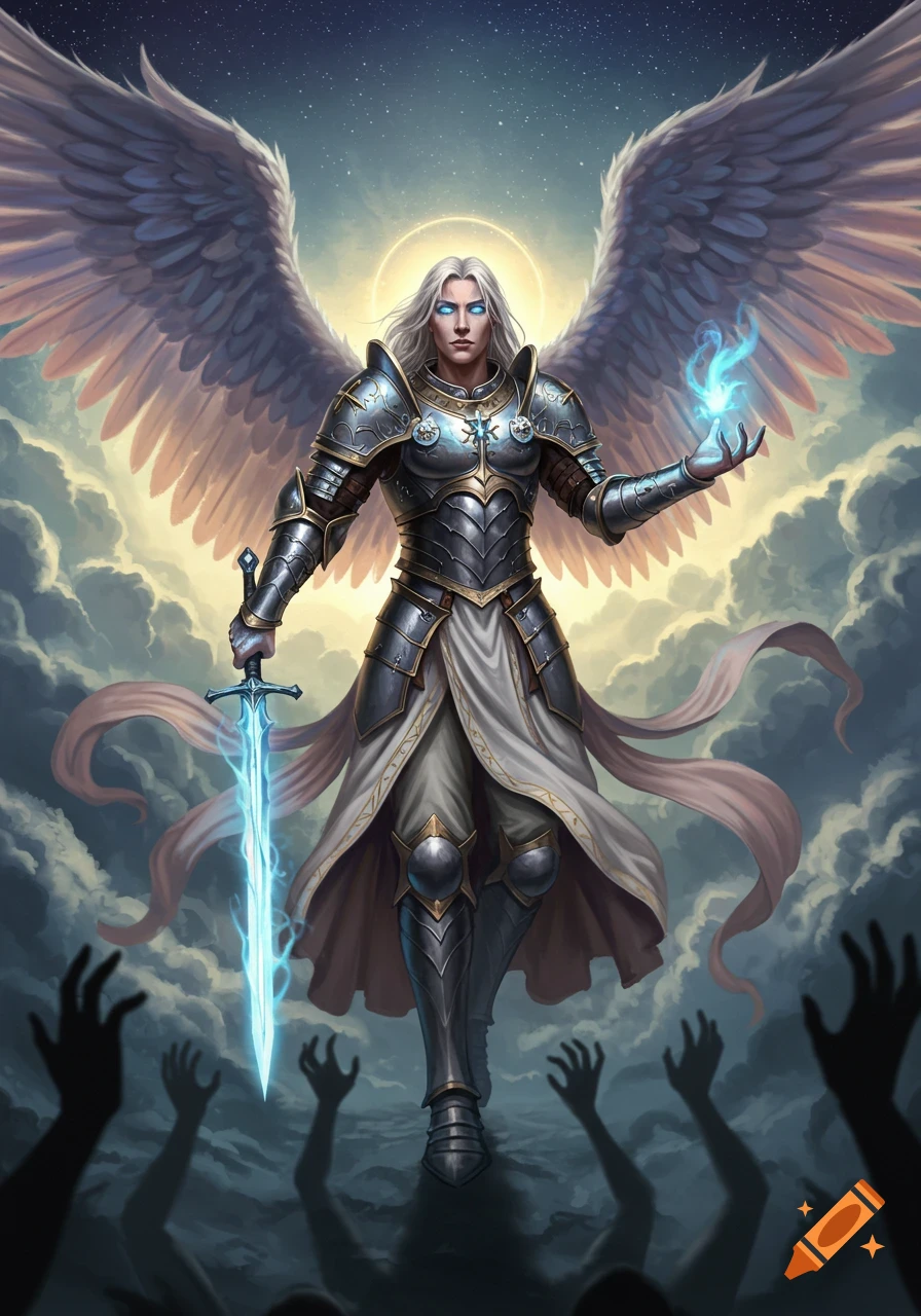 An imposing angelic warrior with white hair and large wings, wearing silver armor, holds a glowing blue sword and an energy orb, standing above silhouetted figures in clouds.