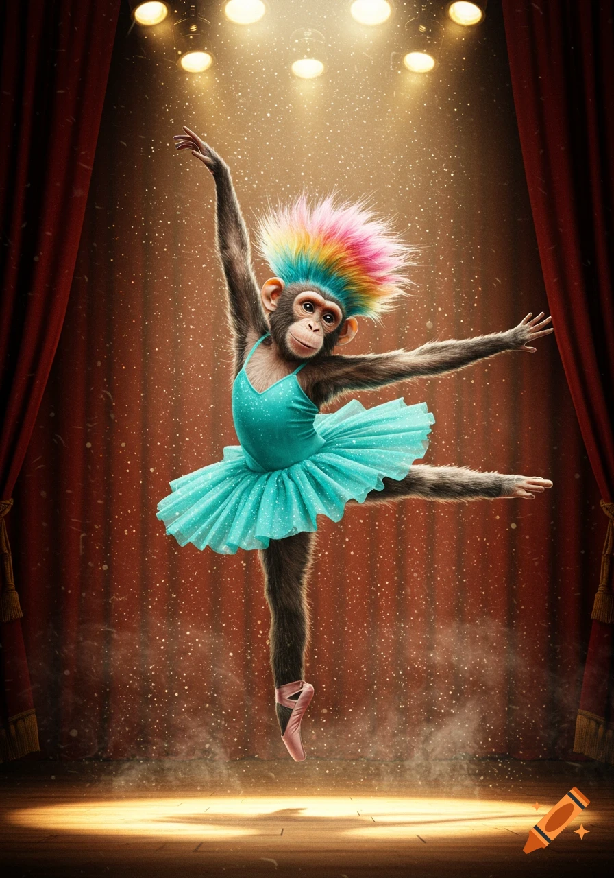 A monkey in a blue tutu and pink ballet shoes on a spotlighted stage, striking a ballet pose. It has a vibrant rainbow mohawk.