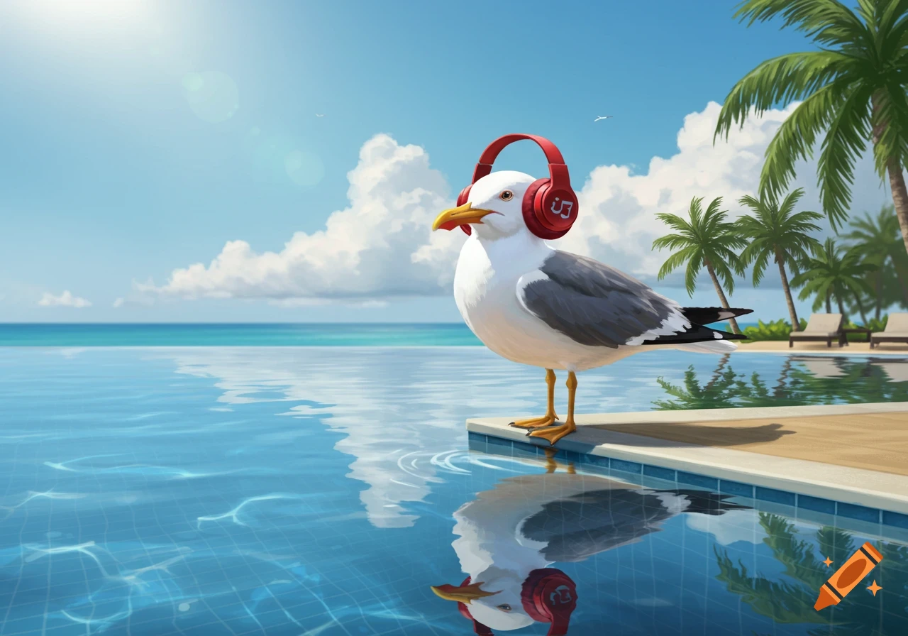 A cartoonish seagull wearing red headphones stands by an infinity pool with ocean and palm trees under a sunny sky.