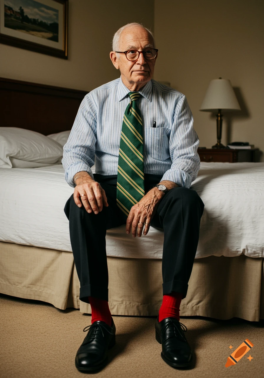 An old man wearing a striped shirt, green and gold striped tie, black pants, red socks, and black shoes sits on the edge of a bed in a room.