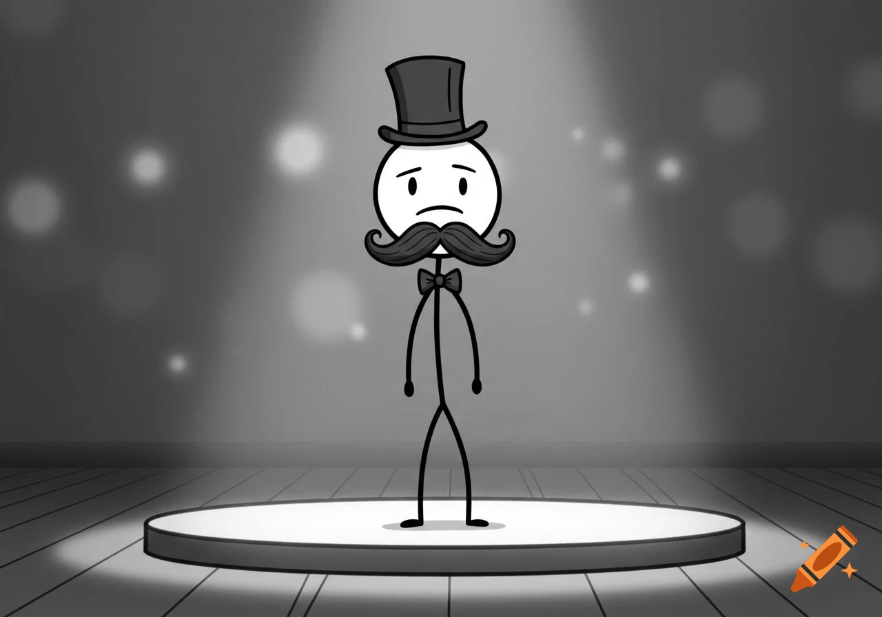 A black and white cartoon stick figure with a top hat and large mustache stands on a spotlighted stage.
