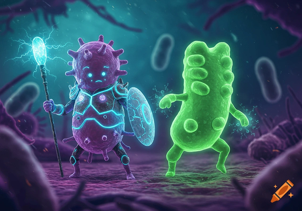 A purple spiky bacteria superhero with a glowing staff and shield faces a green bean-shaped bacterium in a microscopic world.