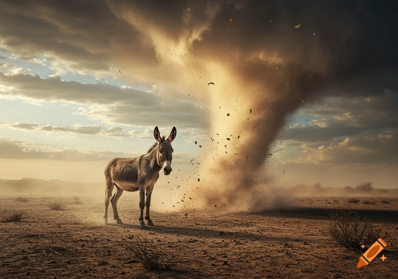 A photorealistic image of a donkey standing in a dusty desert landscape with a large whirlwind behind it under a dramatic, cloudy sky.
