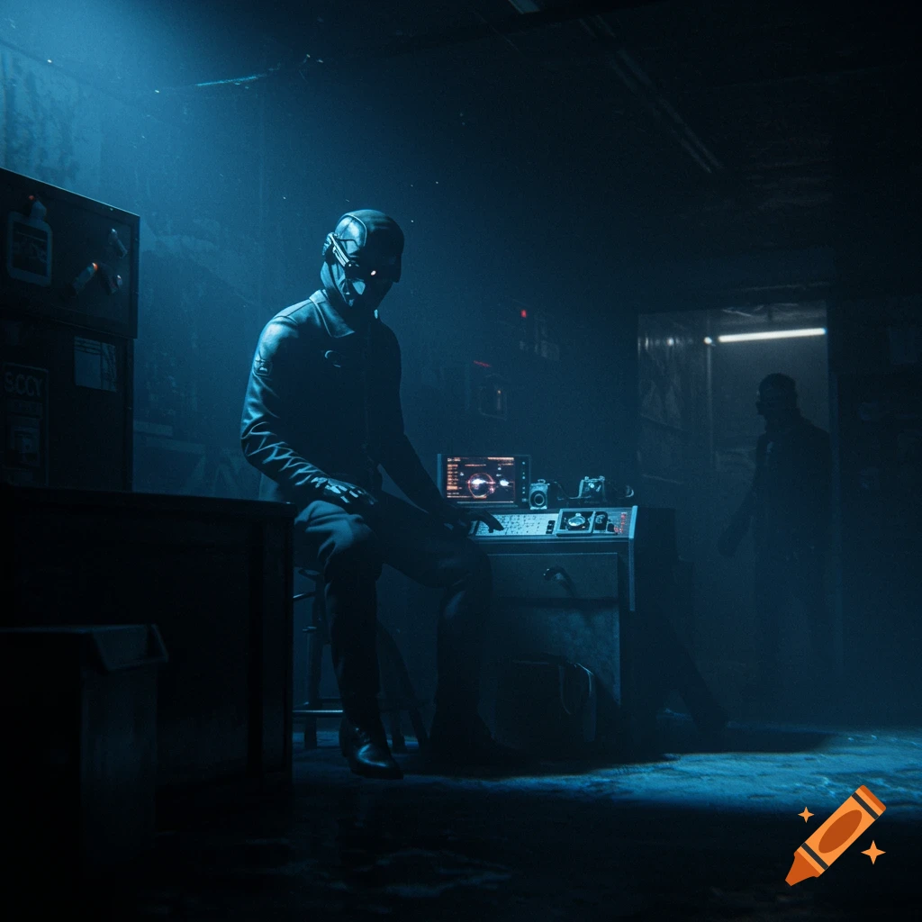 A masked figure in a dark, blue-lit room sits at a desk with glowing screens, a second figure in the background, in a moody cyberpunk style.