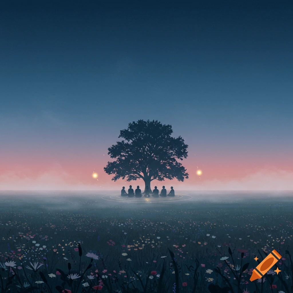 Silhouettes of people meditate under a large tree in a field of wildflowers at sunset in a soft, ethereal art style.