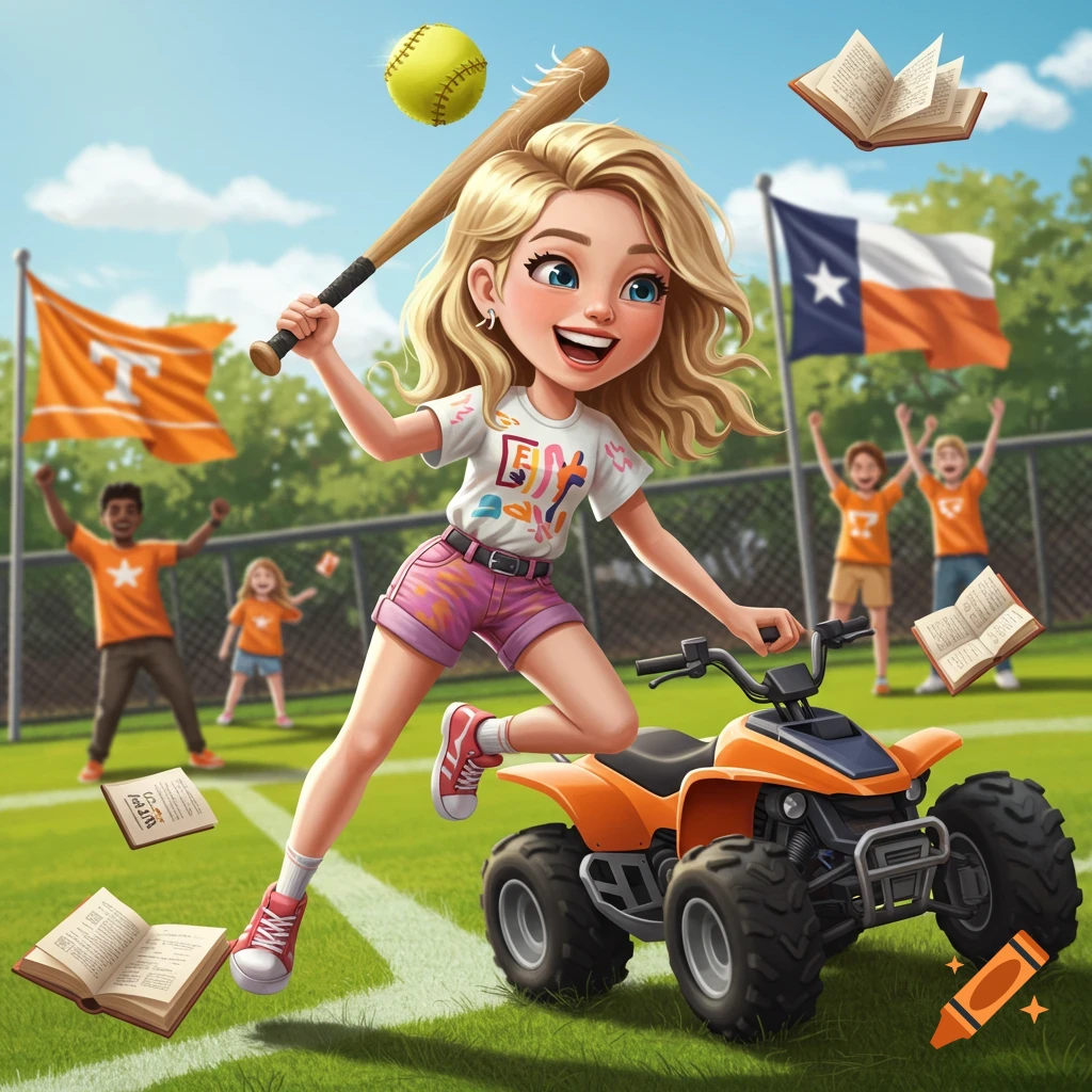 A happy blonde cartoon girl in pink shorts and a white t-shirt holds a softball bat, with a softball in the air and an orange ATV beside her on a green field. Open books float around her, and in the background, people cheer and flags wave, one with a 'T' and another a Texas flag.