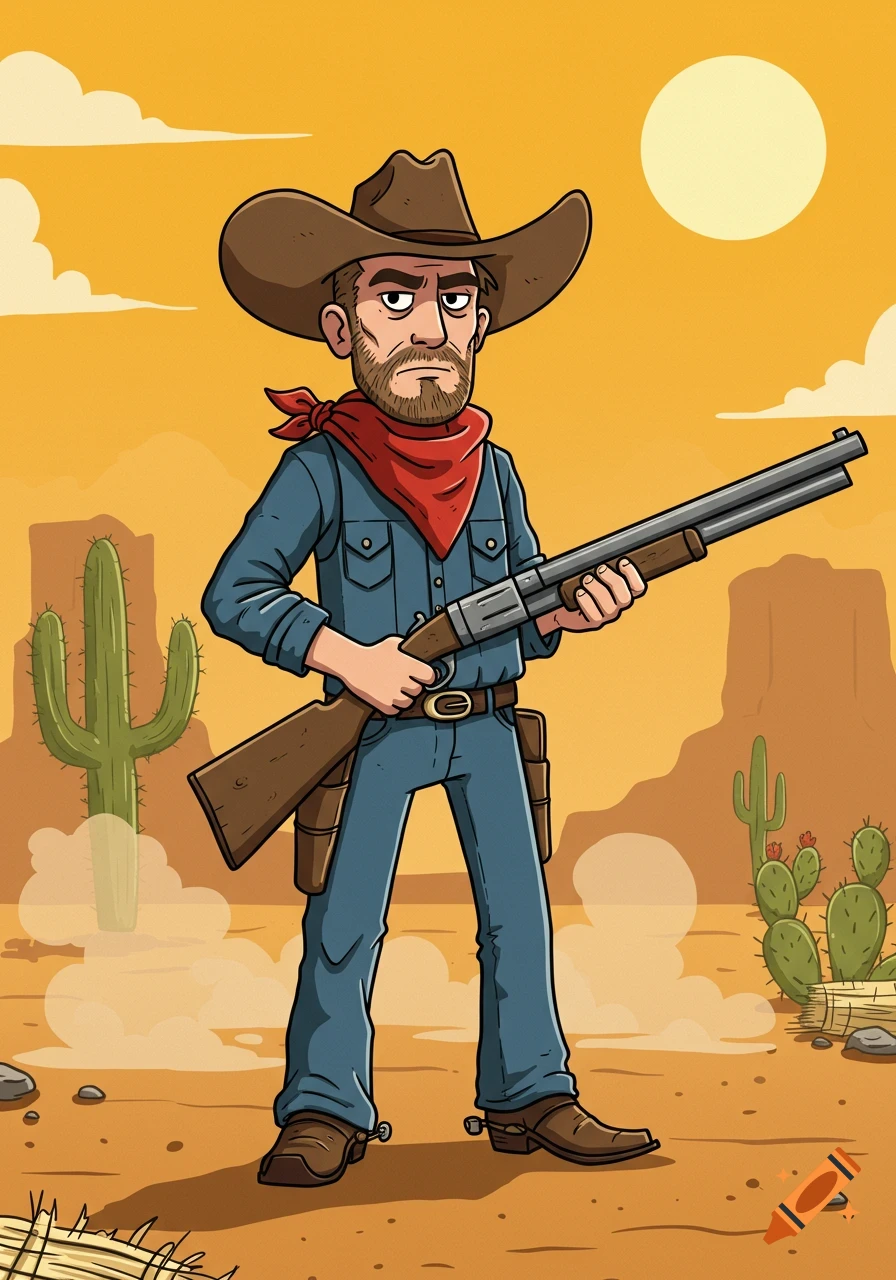 Cartoon cowboy in a desert holding a shotgun.