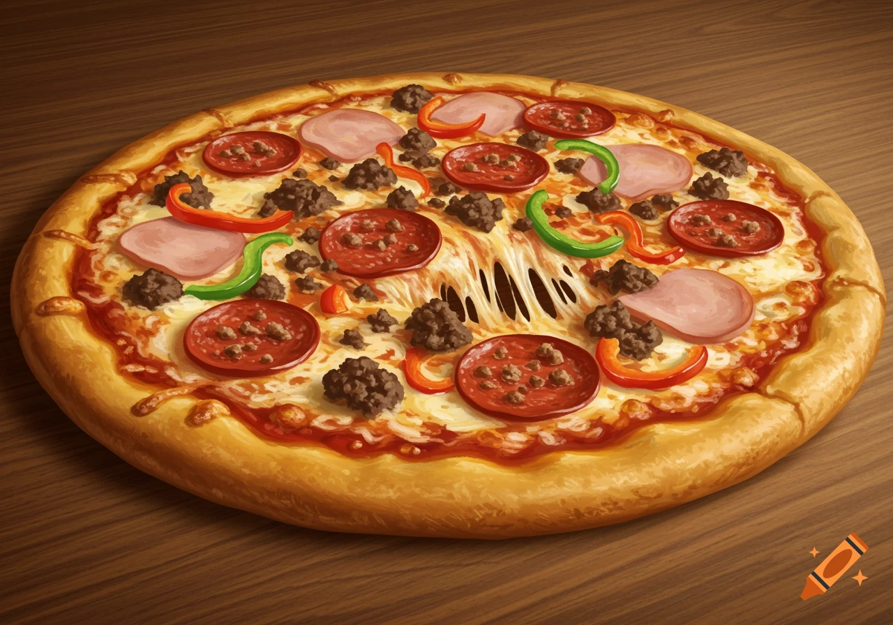 A large, round pizza topped with pepperoni, ground beef, turkey ham, melted mozzarella cheese, tomato sauce, and red and green bell peppers, sitting on a wooden table.