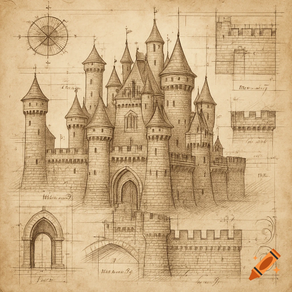 Detailed architectural drawing of a medieval castle with multiple towers and archways on aged parchment.