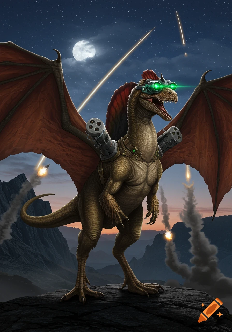 A winged spinosaurus with chicken legs, green goggles, and shoulder-mounted weapons stands on a rock at night with explosions in the distance.