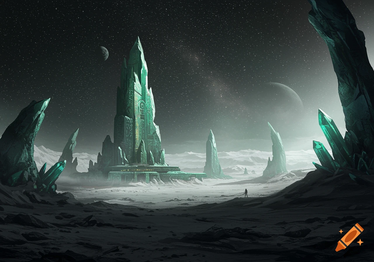 A desolate alien landscape under a starry sky, with large green crystalline ruins and a distant figure.