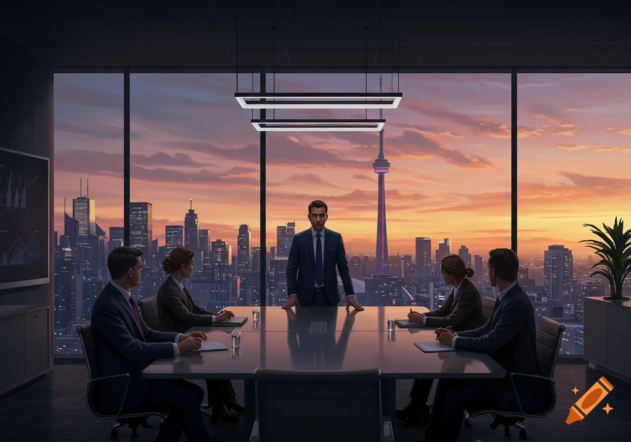 A CEO stands leading a meeting at a conference table, overlooking a city skyline at sunset with the CN Tower.