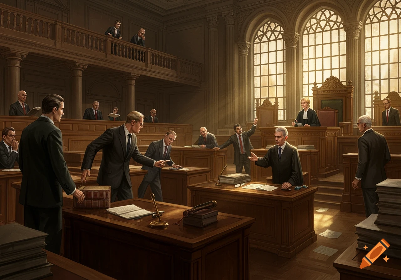 A detailed illustration of a dramatic courtroom scene with lawyers arguing before a judge.