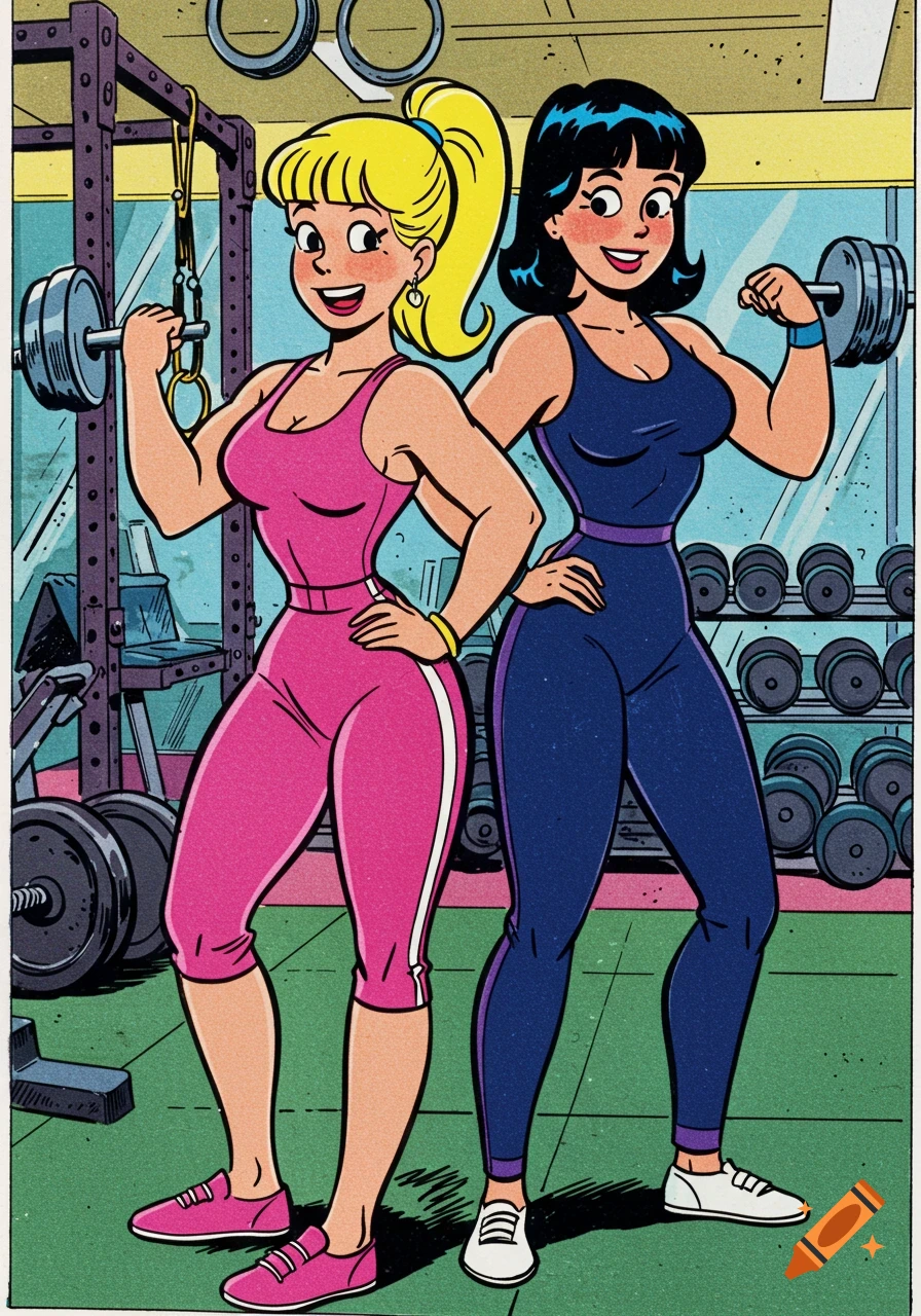 Betty and Veronica from Archie Comics, in a cartoon style, flex their muscles in a gym.
