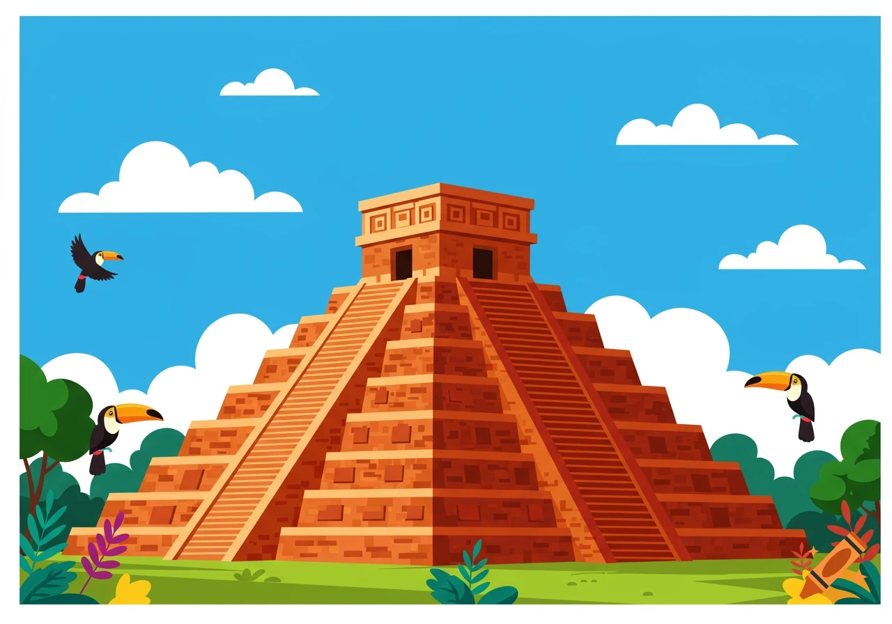 A vibrant clipart illustration of a Mexican pyramid under a blue sky, surrounded by green foliage and toucans.