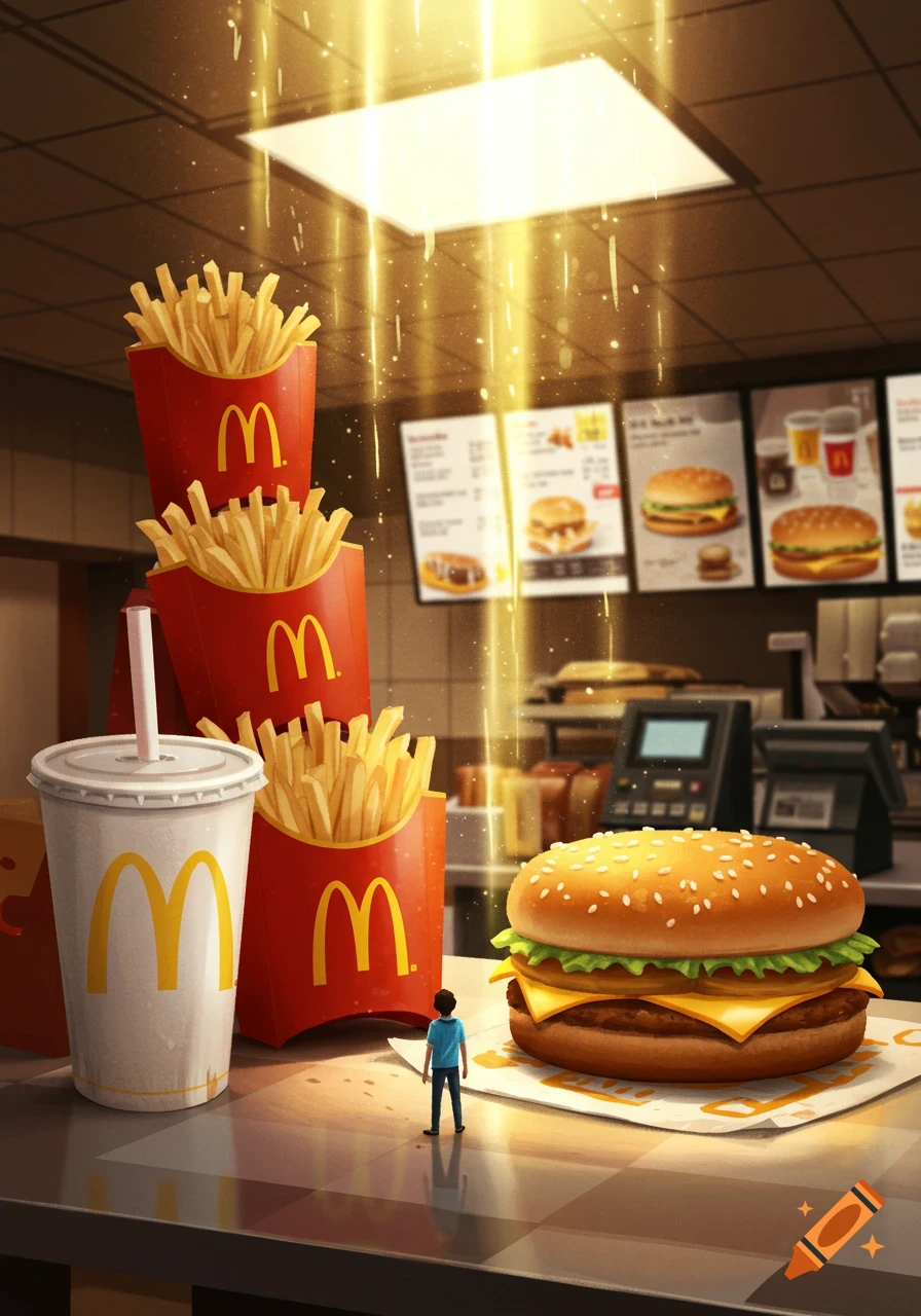 A small person stands before gigantic McDonald's fries, burger, and drink in a glowing, fantastical fast-food setting.
