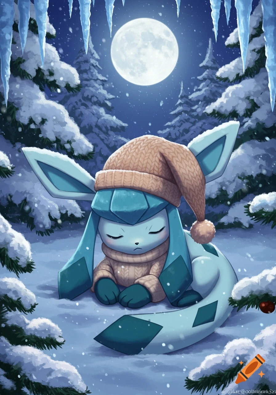 Glaceon Pokemon wearing a knit hat and sweater, sleeping in a snowy forest at night under a full moon.