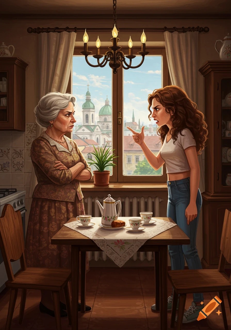 Illustrated scene of a young woman angrily pointing at an older woman with crossed arms in a detailed kitchen, with a European city visible through the window.
