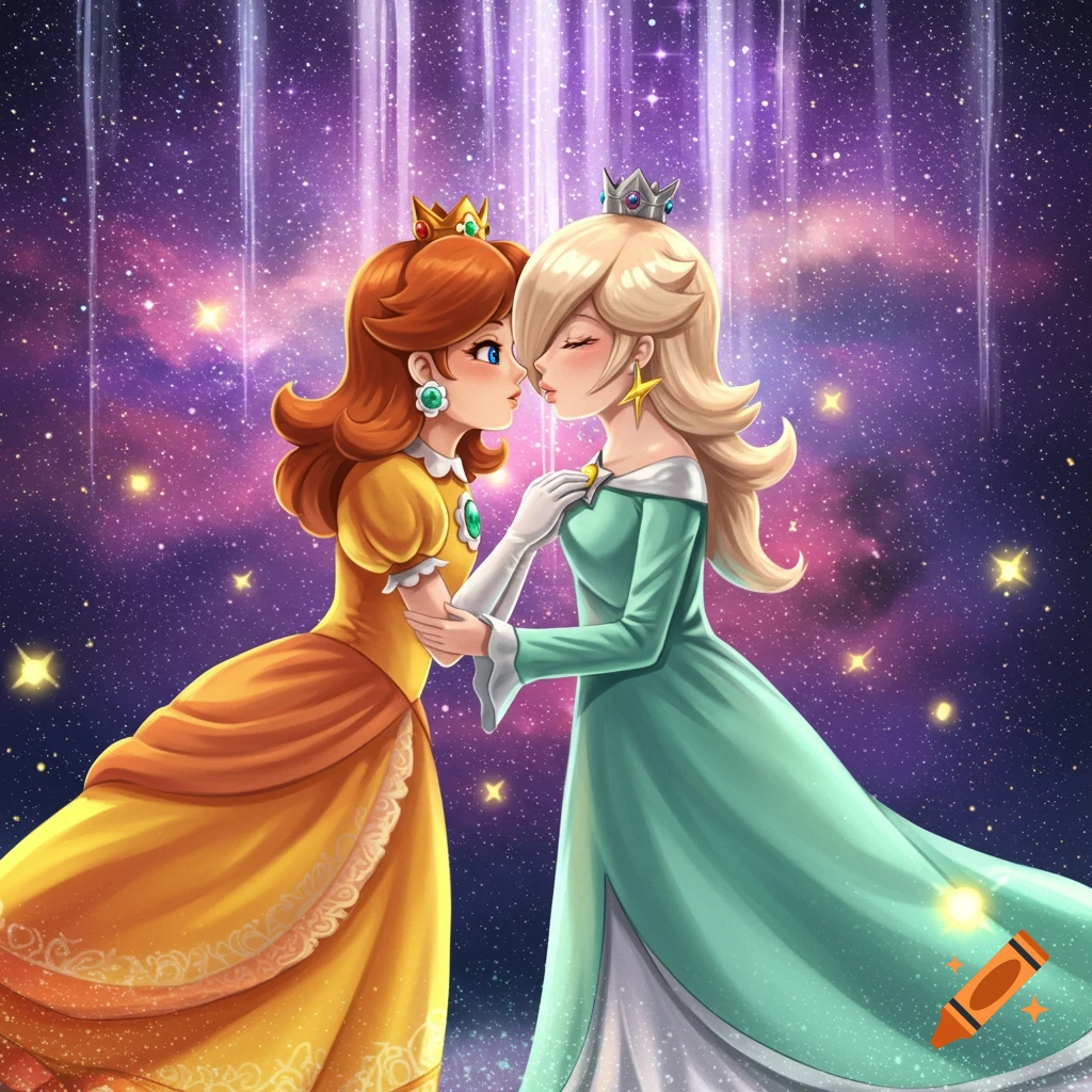 Princess Daisy and Rosalina in a digital illustration, embracing and kissing against a vibrant starry galaxy.