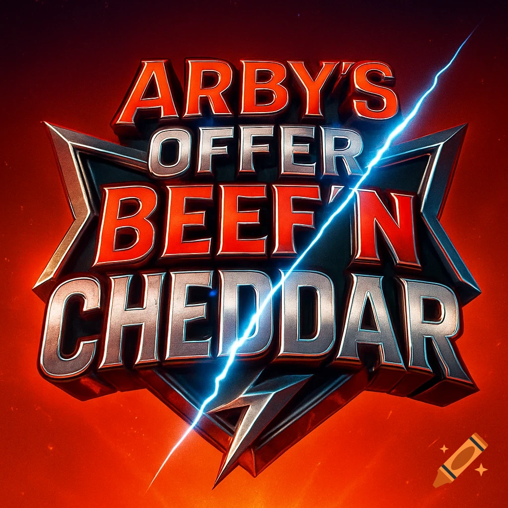 A dynamic logo for Arby's Offer Beef'N Cheddar, featuring bold red and silver text with a blue lightning bolt over a fiery red background.