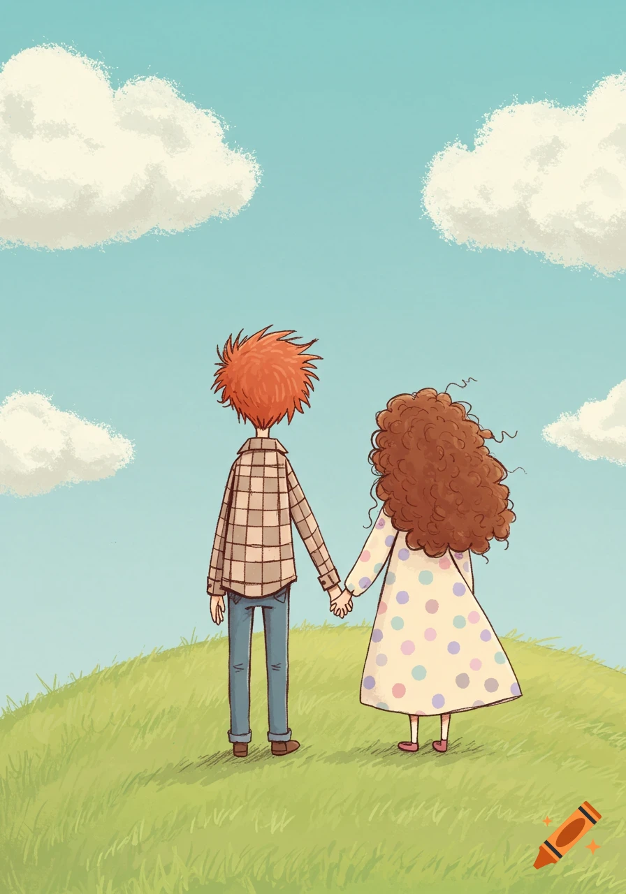 Cartoon of a red-haired man and a curly-haired woman, viewed from behind, holding hands on a grassy hill under a blue sky with clouds.