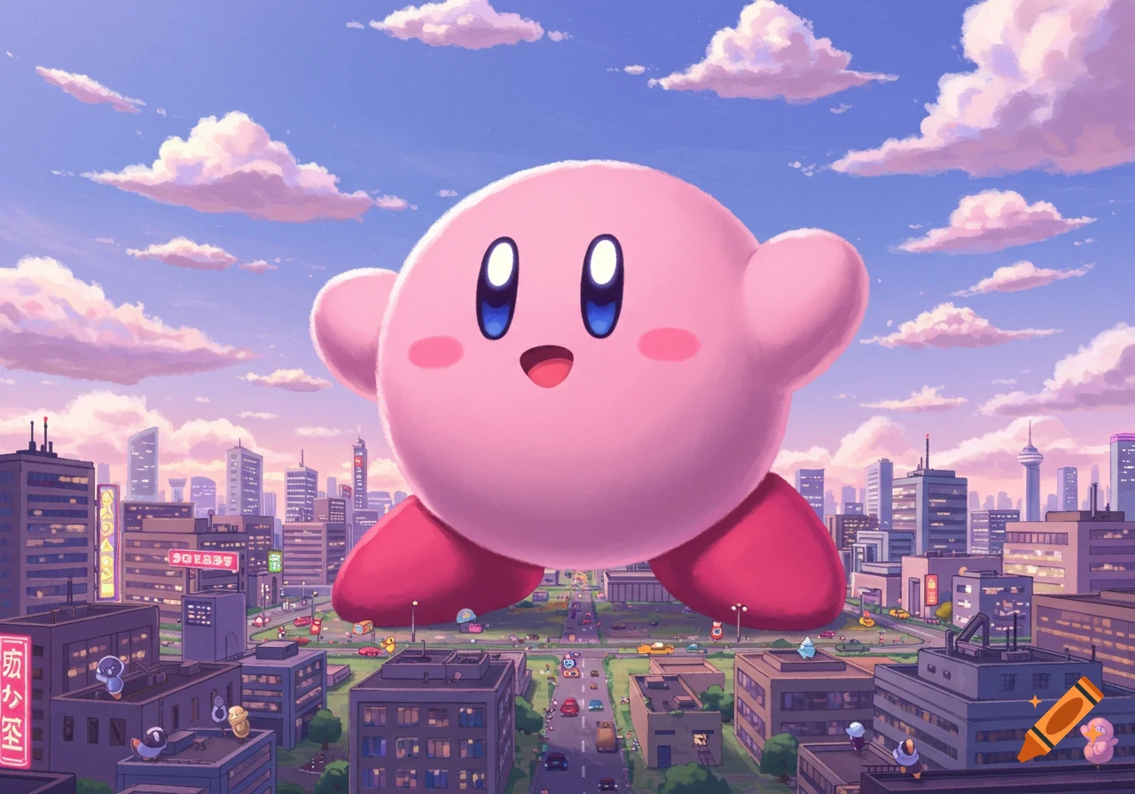 A giant pink Kirby smiles as it stands in the middle of a vibrant city street under a purple and blue sky with fluffy clouds.