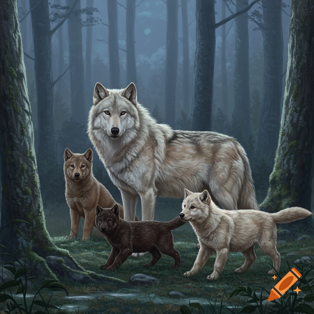 A large adult wolf stands in a dark forest with two smaller wolves and a pup, all looking forward. Stylized digital art.