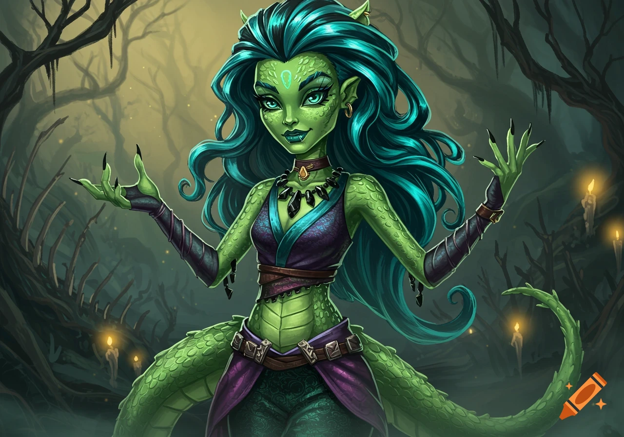 A stylized green reptilian woman with long teal hair and purple robes stands in a shadowy, misty swamp with bare trees and glowing candles.