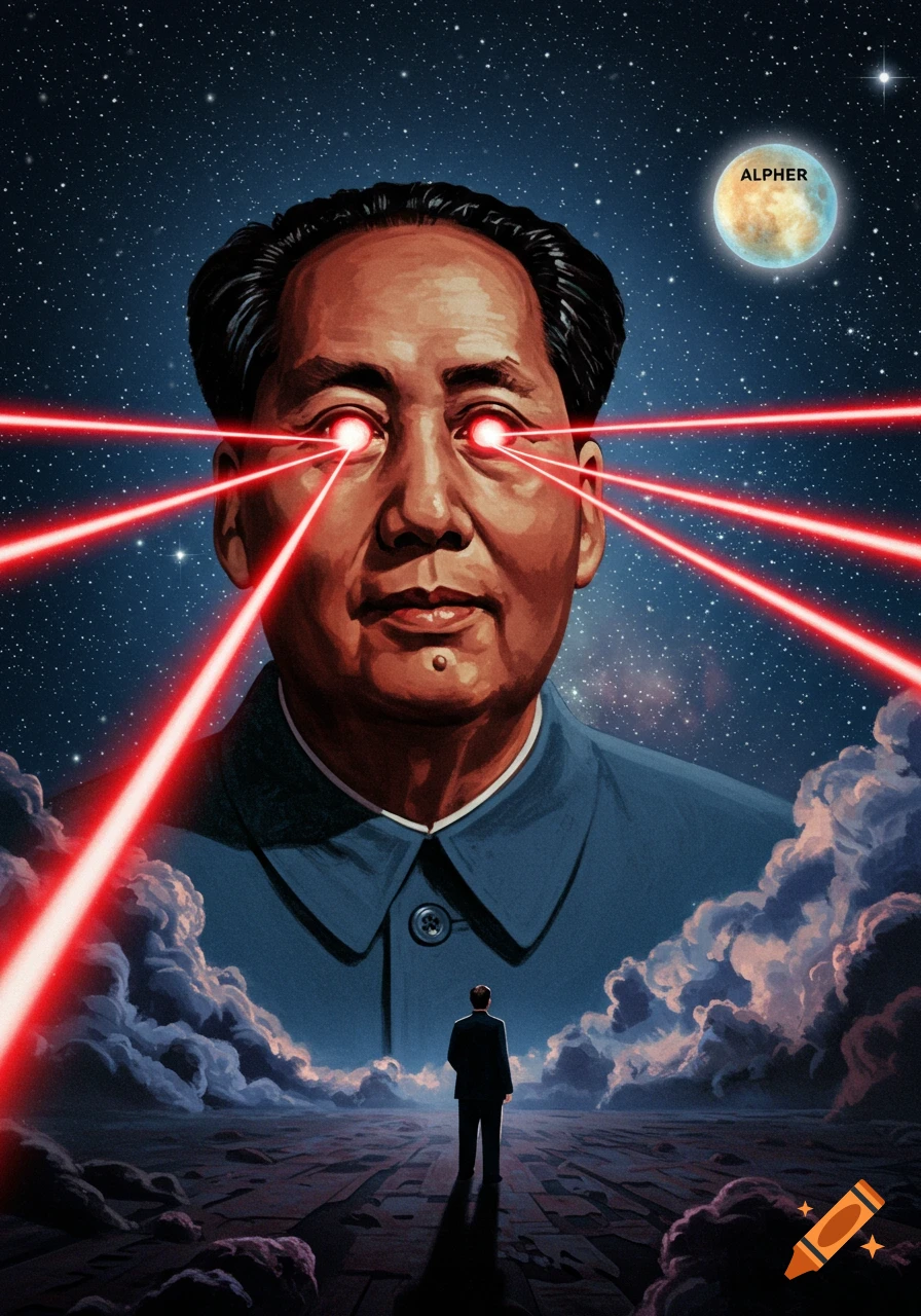 A surreal illustration of a giant Mao Zedong with laser eyes firing beams towards a moon labeled 'ALPHER' in a starry sky, as a small person looks up.