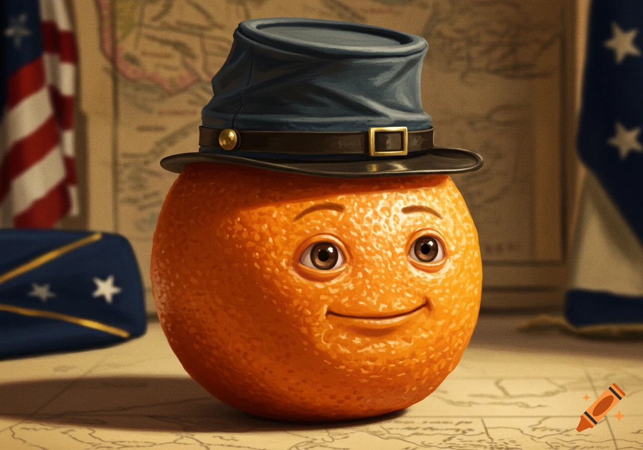 A happy orange character wearing a Civil War Union hat stands on a map with blurry American flags.