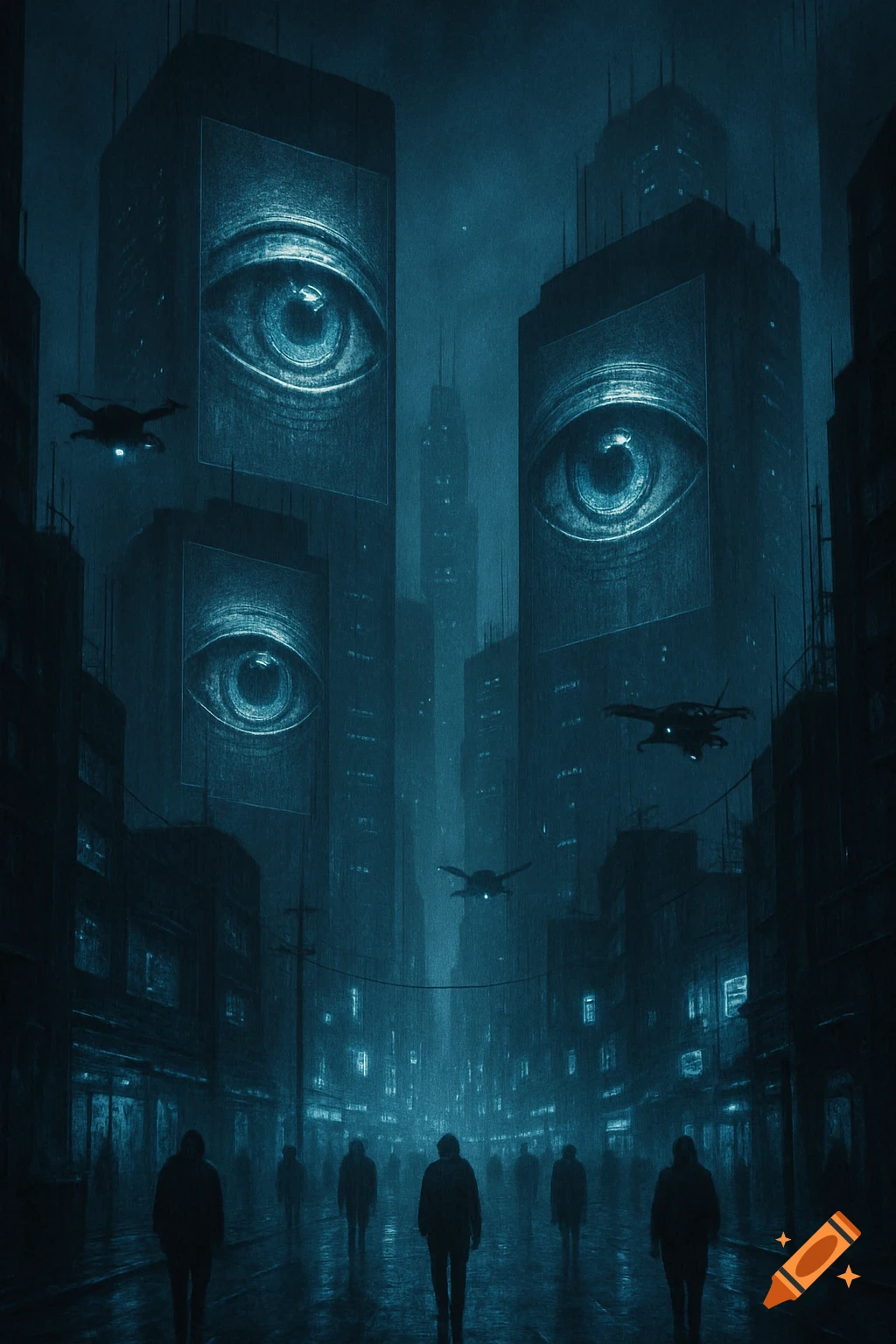 A dark, ominous dystopian city at night with massive eyes projected onto skyscrapers, drones flying, and shadowy figures walking on a rainy street.