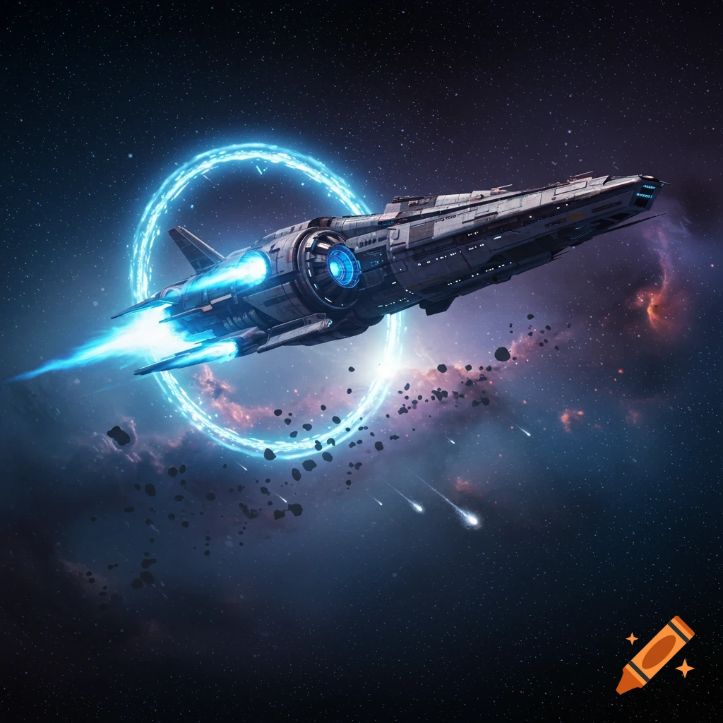A large, detailed spaceship with blue thruster flames flies through a glowing blue ring in deep space, surrounded by stars and asteroids.