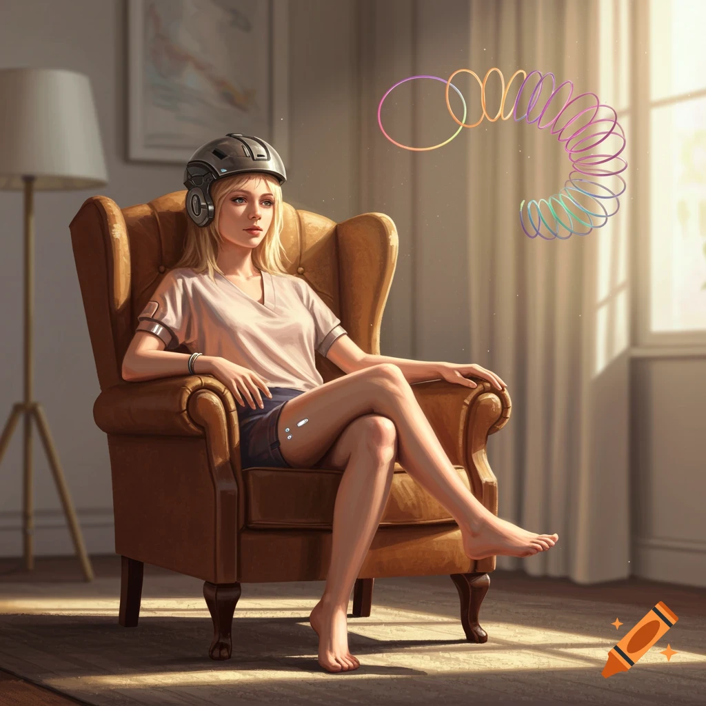 A blonde woman in a helmet and casual clothes sits in a brown armchair, looking towards a rainbow-colored slinky flying in the air indoors.