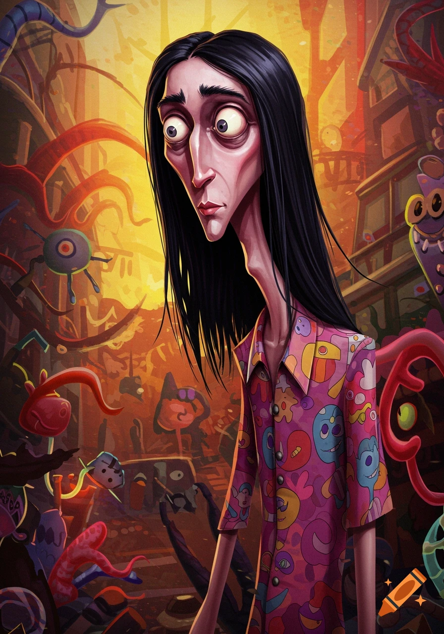 A gaunt, long-haired man with wide eyes in a patterned shirt, stands in a surreal, colorful cartoon landscape.