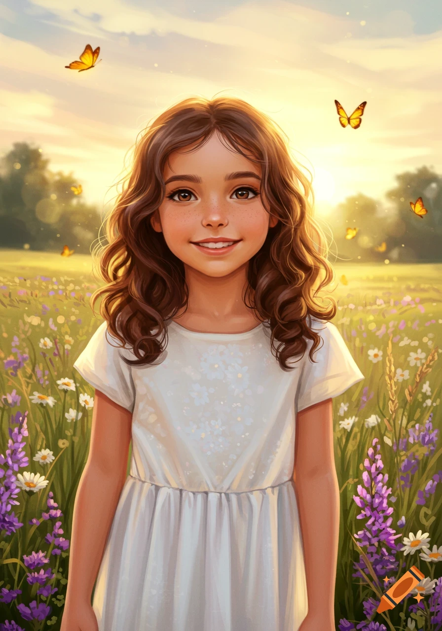 A smiling young girl with curly brown hair and freckles stands in a sunlit field of purple and white flowers with butterflies.