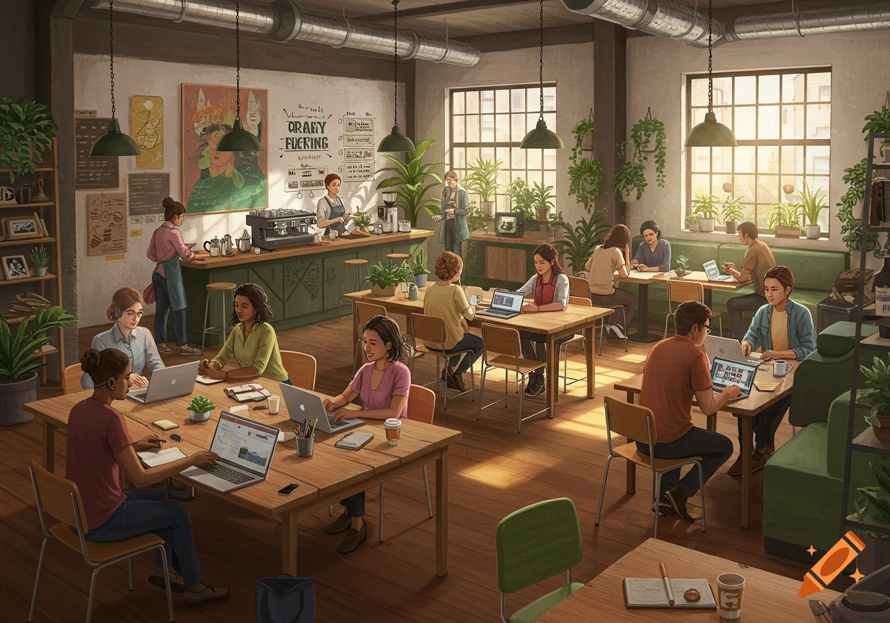 People working on laptops and conversing in a bright, modern co-working cafe with large windows and plants.