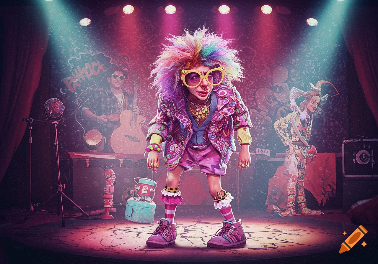 A clown-like figure with rainbow hair and a colorful patterned suit stands on a stage under spotlights, with other musicians in the background.