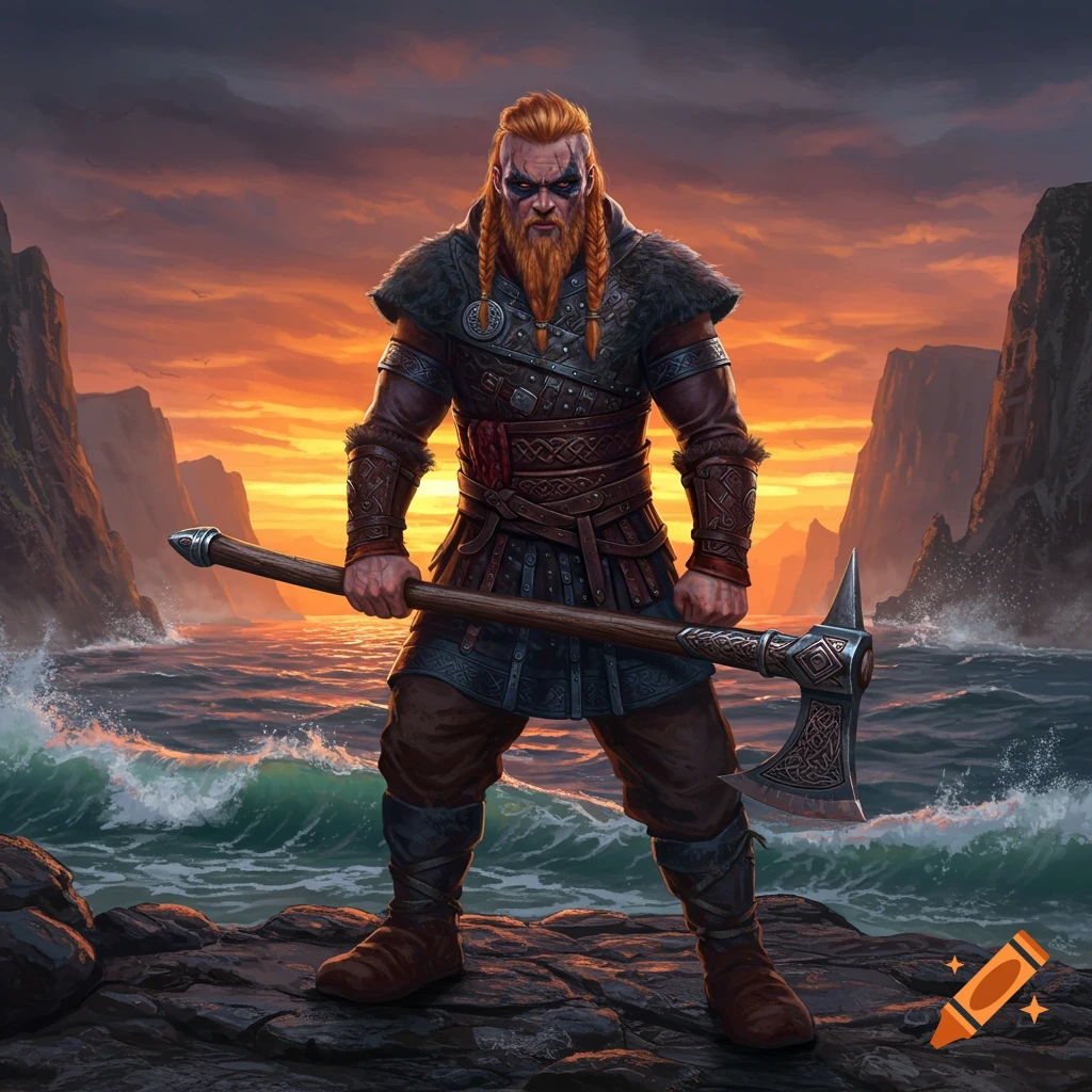 A powerful, red-bearded Viking warrior stands on a rocky shore, holding a large axe, against a dramatic sunset sky and stormy sea.