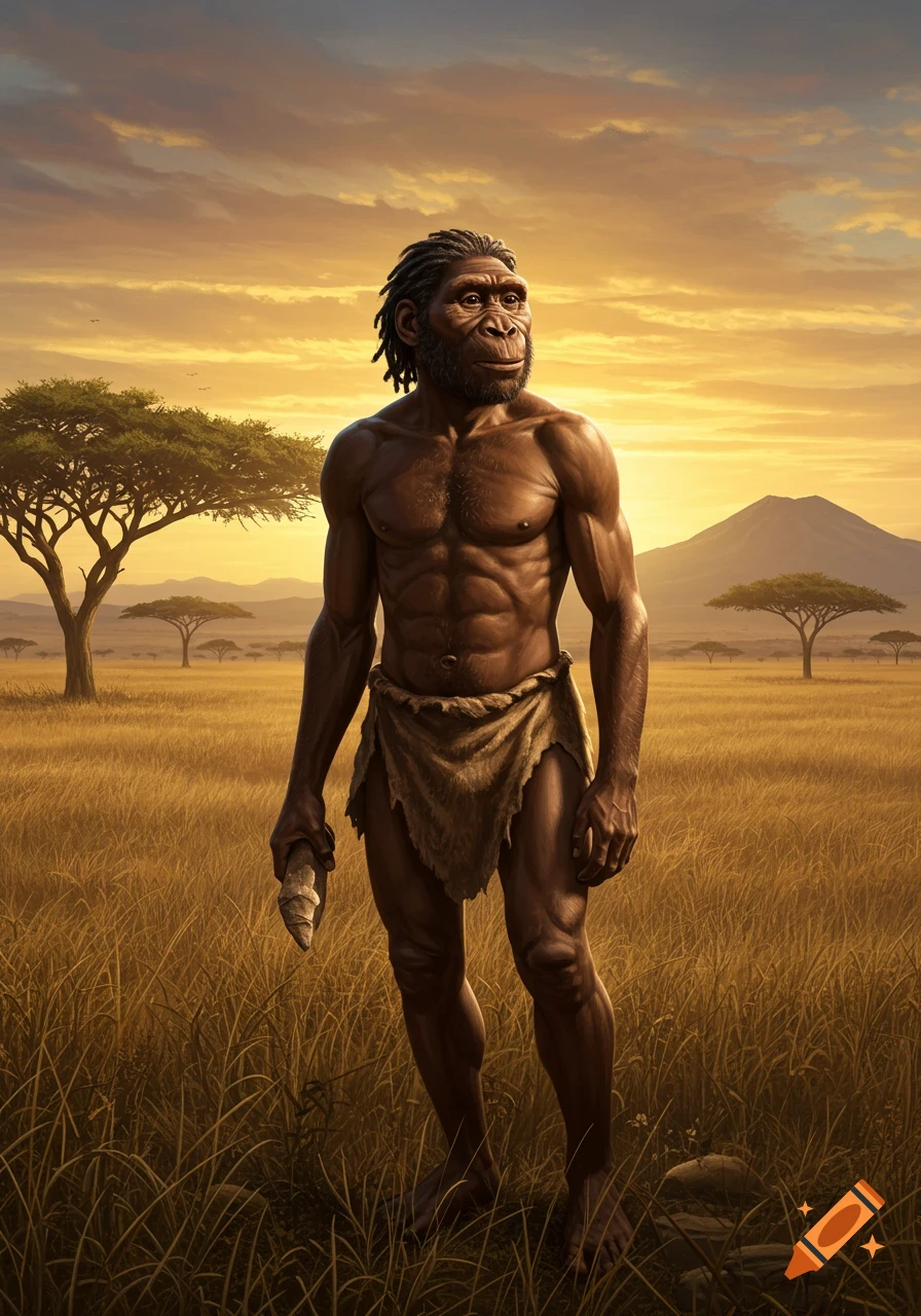 Photorealistic reconstruction of an early Homo sapiens male in an African savanna at sunset.