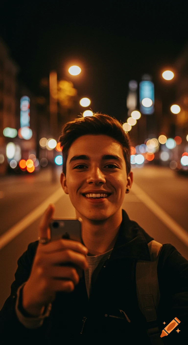 A young man smiles at the camera, holding up a smartphone for a selfie on a city street at night, with blurred streetlights in the background.