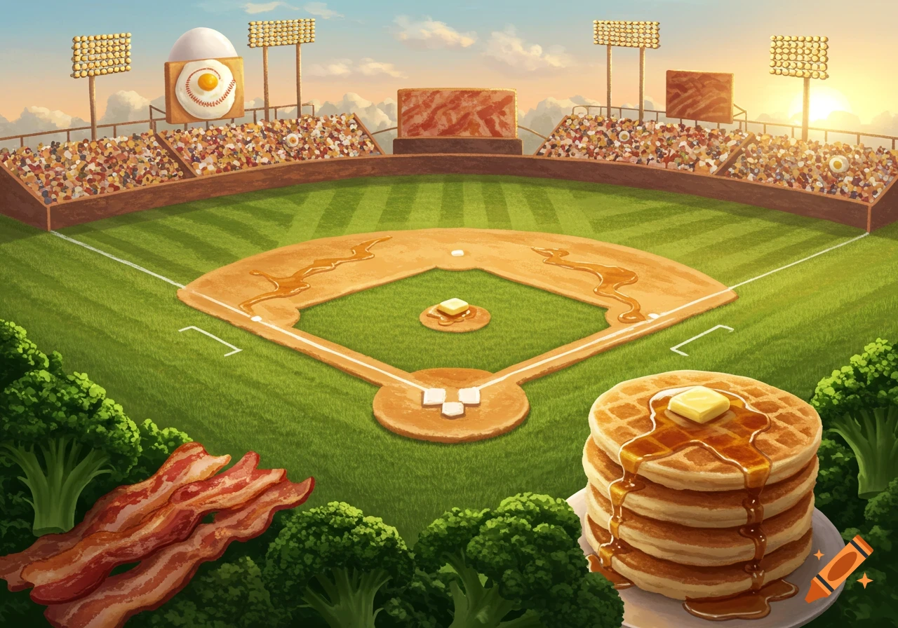 A cartoon baseball field with a pancake and syrup infield, butter pitcher's mound, broccoli outfield, bacon fences, and cereal fans.