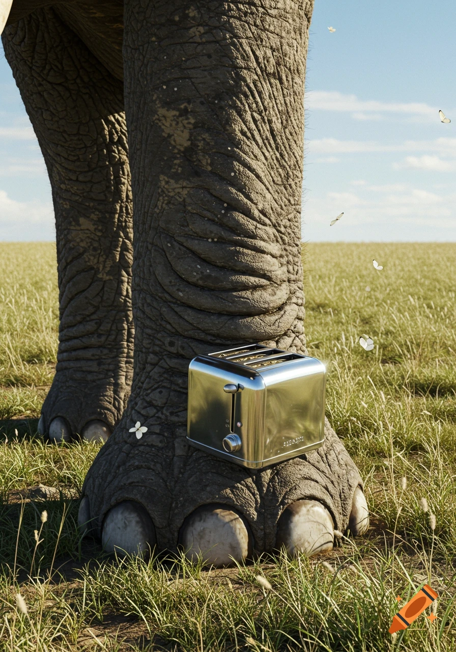 A close-up, photorealistic image of an elephant's large, textured leg and foot in a grassy field, with a shiny chrome toaster resting on its toes. Several white butterflies are flying in the background.