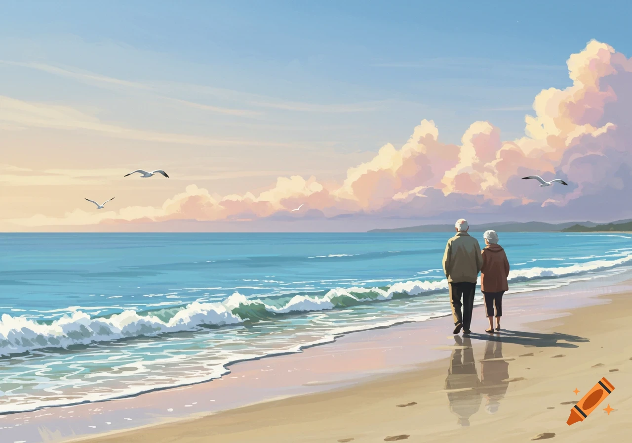 A retired couple walks along a sandy beach with blue ocean waves and a sky filled with pastel clouds.