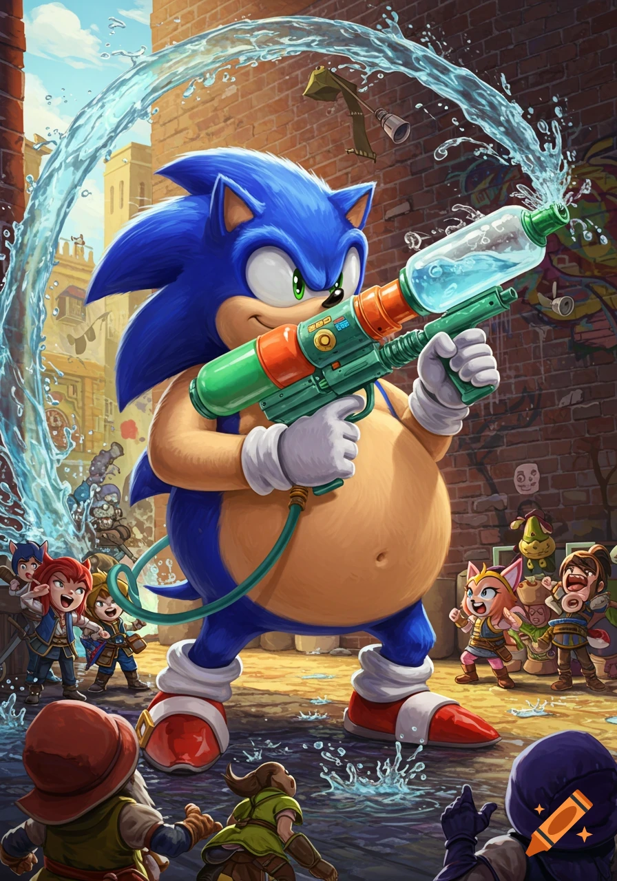Fat Sonic the Hedgehog blasts water from a large water gun at various small RPG-style characters in a city alley.