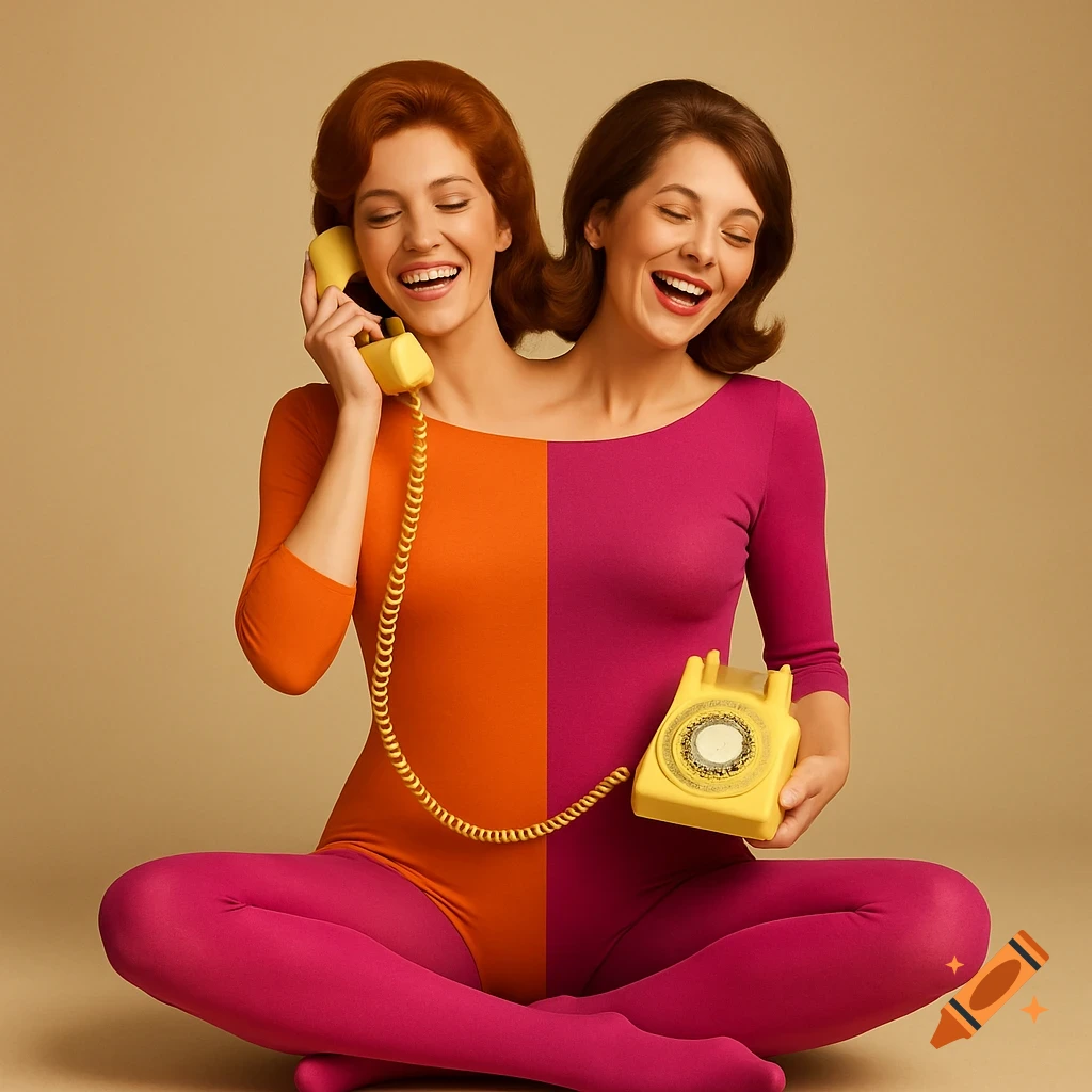 Two women fused at the torso, dressed in a split-color leotard and tights, laugh while one holds a yellow retro phone to her ear and the other holds the base.