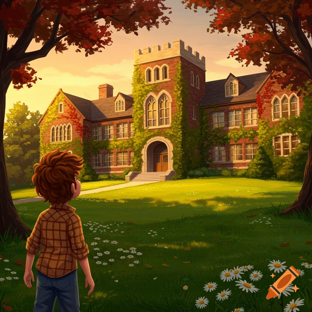 An illustrated boy with curly hair looks at a large, ivy-covered school building under an autumnal sky.
