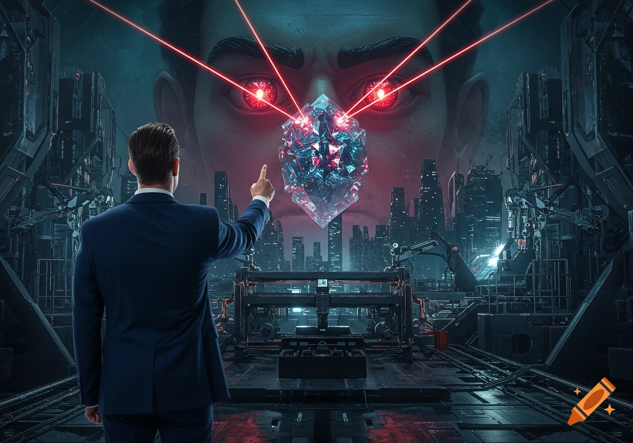 A man in a suit points at a glowing crystal emitting red lasers, overlooked by a giant face with red eyes above a dark, futuristic city.